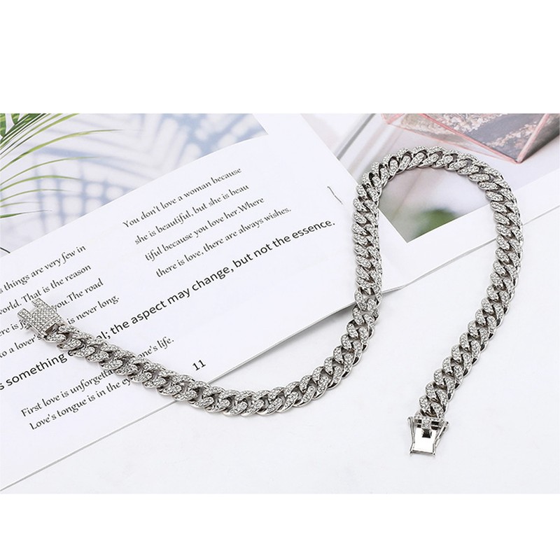 2Pcs Cuban Link Chain Rhinestone Necklace Bracelet Set Gift for
