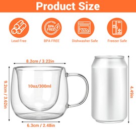 4 Pack Double Walled Glass Coffee Mugs with Handle, 10oz Double-layer Insulated Clear Glass Coffee Cups for Latte Cappuccino Espresso Tea Hot Drinks