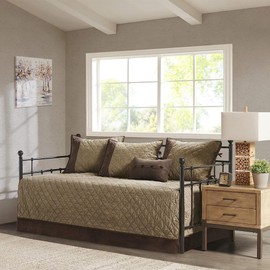 Oakestry Daybed Cover Set All Season Cozy Luxury Bedding with Bedskirt Diamond Quilted Faux Reversible Matching Shams Pillow 75"X39", Boone Brown, 6 Pc