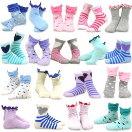TeeHee Little Girls and Toddler Cute Novelty and Fashion Cotton Crew Socks 18 Pair Gift Box (18-24 Months, Hearts)