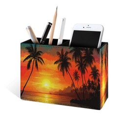 Famame Beach Palm Trees Pencil Holder for Desk, Leather Desktop Container Pen Cup Storage Study Table Pen Organizer Makeup Brush Holder for Classroom Office Home