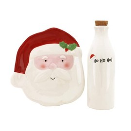 Santa Cookie Plate and Bottle, Earthenware Ceramic Gift Set