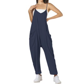 FANCYINN - Overol casual para mujer, cuello en V, tirantes delgados, ajustable, pantalones largos con bolsillos, Azul Marino-2015, Large