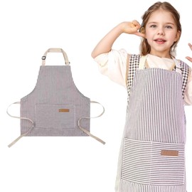 Zcbzbn Children's Apron, Adjustable Kids Chef Apron, Peplum Striped Sign with Two Pockets for Children Chef Cooking Baking Painting, gray