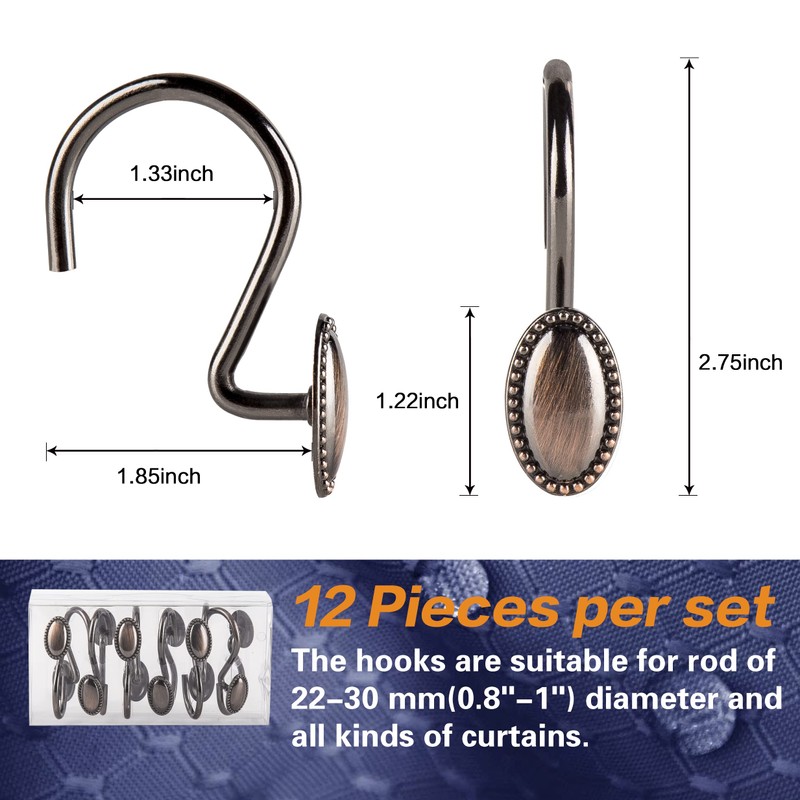 iToplin Metal Shower Curtain Hooks, Oil-Rubbed Bronze Rustproof Decorative Shower