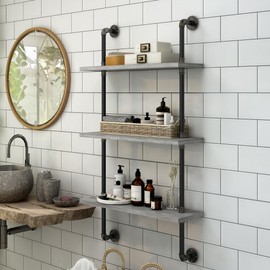 24/7 Shop at Home Citadel Industrial Metal 3 Tiers Decorative Wall-Mounted Shelf for Bathroom, Kitchen, Living Room, Bedroom, Home Office, Laundry Room, Entryway, Vintage Gray Oak