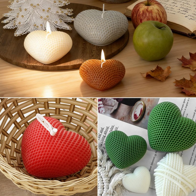3PCS Woven Mesh Heart Candle Soap Silicone Mold, Heart Shape