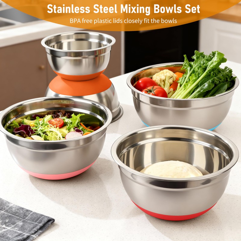 CHAREADA Mixing Bowls with Airtight Lids, 18pcs Stainless Steel Nesting