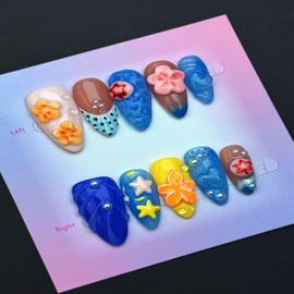 100% Handmade Press on Nails Medium Almond Handmade Nails with Yellow Flower Design Blue False Nails Glossy Pearl Rhinestones Nail Press ons Reusable Acrylic Fake Nails for Women Girls Size L 10Pcs