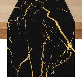 Table Runner 140 x 40 cm Washable Linen Table Runner Modern Black Gold Golden Texture Abstract Tablecloth Runner Spring Summer Art Tablecloth for Dining Room, Dresser, Bedroom