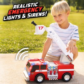 Maxx Action 2-N-1 Firetruck with Joystick Controls, Lights, Siren Sounds, Motorized Movement, and 360° Spinning Ladder - 16-Inch Rescue Toy Vehicle for Kids