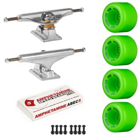 Old School Skateboard Pack with Independent 169 Trucks, Powell Rat Bones Green Wheels, ABEC 5 Bearings, Mounting Hardware, and Risers