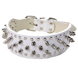 Pimaodog Studded Dog Collar, 2" Leather Spiked Dog Collar for Medium Large Dogs Pit Bull Mastiff Bully Boxer (XL:21-24 inch, White)