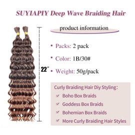 SUYIAPIY Boho Hair for Braiding Deep Wave Bulk Hair for Braiding Wet And Wavy Braids Deep Water Wave Curly Braids for Black Women 1B/30# 22 inch