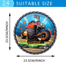 OXYLIPO 24 Pack 9" Monster Truck Dessert Paper Plates Off-road Car Round Disposable Dinner Tableware Set Party Plates Baby Shower Birthday Party Supplies