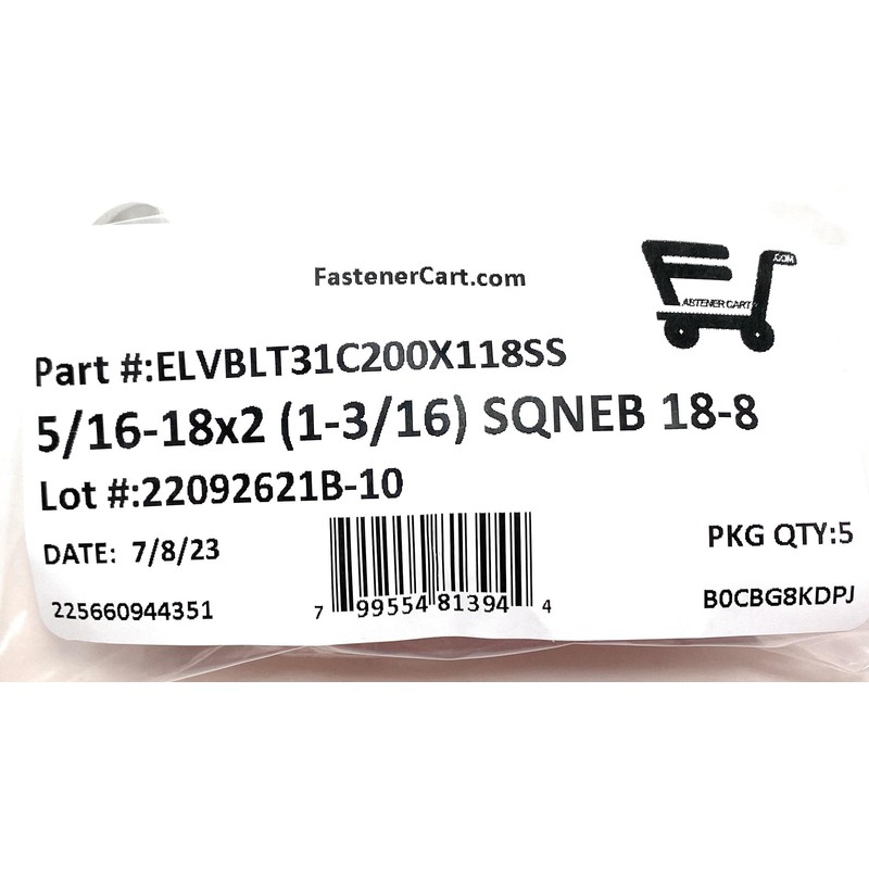 (5) 5/16-18x2 Stainless Steel Elevator Bolt Square Neck (1-3/16 Diameter
