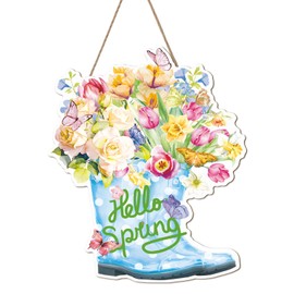 Celestdeco Hello Spring Door Signs,Spring Decor Outdoor,Garten Flower Hanging Sign,Flower Welcome Door Hanger,Butterfly Floral Boots Wood Decor for Indoor Farmhouse Yard Porch Easter Party Gift