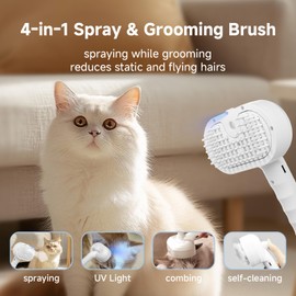 REIKIYA Cat Steam Brush,4-in-1 Spray Hair Removal Dog Brush for Shedding & Grooming with UV Light, Anti-Static Pet Spray Comb with One-Click Release Button
