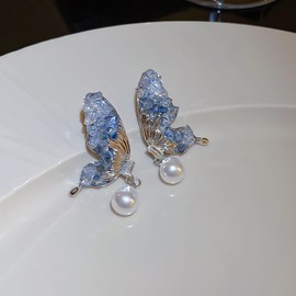Pendientes de Mujer TREE NEST Aretes de Mujer con Mariposa Perlas,Pendientes Colgante de Perlas Cristal Mariposa Elegantes y Nobles, Joyería Regalo Ideal para Mujer,Azul