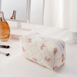 JOVAKIT - Bolsa de maquillaje acolchada para mujeres y niñas, bolsa de maquillaje de algodón coqueta floral con cierre, bolsa organizadora de almacenamiento de viaje, rosado, (Pink Bow Tie)