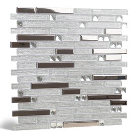 SODI MOSAIC White & Silver Glass Mosaic Backsplash Tiles, 12" x 12" Polished Square Tile, Heat & Waterproof for Kitchen Bathroom Wall Shower Fireplace (5 Sheets)