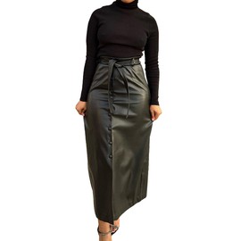 Shiyinvie Women's Faux Leather Skirts High Waist Bodycon Midi Skirt, Black Leather Skirt for Women, Black High Waisted Skirt Long, Faux Leather Skirts for Women Plus Size (Black, XL)