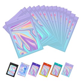 COQOFA 200 Pcs Smell Proof Resealable Mylar Zip lock Bags, Holographic Bags Packaging Bags for Small Business with Clear Window, Food Storage Foil Pouch Sample Bags for Eyelash, Lip Gloss, Gift