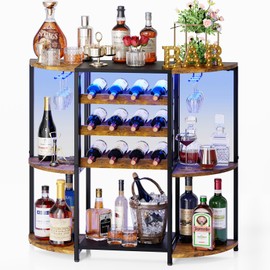 Wine Bar Cabinet with LED Lights, Mini Wine Bar Cart with Storage and Glass Holder, Liquor Shelf for Home Bar, 3-Tier Bar Table Coffee Bar for Kitchen, Dining Room, Living Room, Bar, Rustic Brown