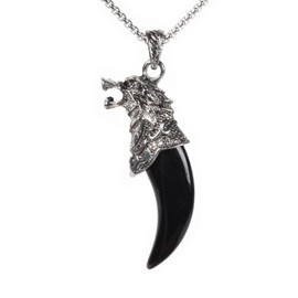 Justinstones Natural Black Obsidian Wolf Animal 60mm Pendant Necklace Retro Wolf Tooth Jewelry Necklace Gift 22 inch