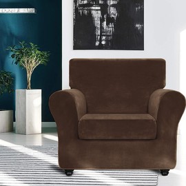 XYMHUN Velvet Plush 2 Pieces Chair Covers for Living Room Super Stretch Anti Slip Chair Slipcovers with Arms Dogs Pets Armchair Furniture Protector with Elastic Bottom (Dark Coffee, Chair)