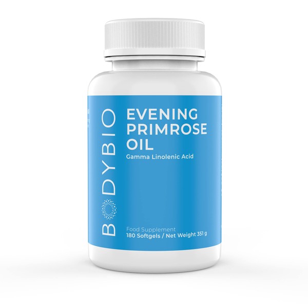 BodyBio Evening Primrose Oil - Gamma Linolenic Acid (GLA) for Healthy Skin and Hormonal Health - Cold Pressed - 180 Softgels