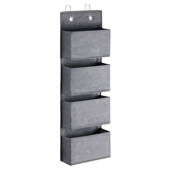 YOUDENOVA Over Door Storage with 4 Pockets Strong and Durable, Hanging Wardrobe Storage Organiser Practical and Spacious, Hanging Storage With 2 Metal Hooks for Bathroom Office Bedroom Grey