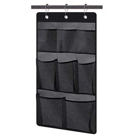 KIMBORA Mesh Shower Caddy Hanging Bathroom Organizer Storage with 2 Large Pockets 3 Rings Hang Curtain Rod for Dorm Cruise RV, Black