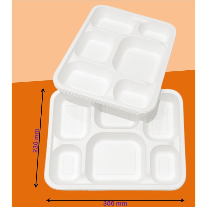PACK OF 25 - 6 COMPARTMENT STRONG DISPOSABLE PLATES 32x22x5cm,