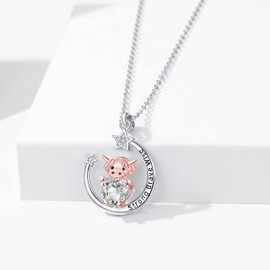 Fryneauy Highland Cow Necklace 925 Sterling Silver Pendant Necklace Cow Jewellery Gifts for Women