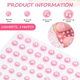 2000+pcs 12 Sheets Self Adhesive Pearl Stickers for Hair, Face, Makeup, Eye, Nail, Crafts, 3mm, 4mm, 5mm, 6mm (Pink)
