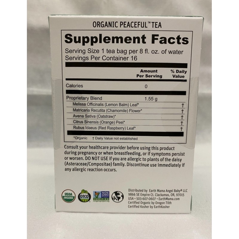 Earth Mama Organic Peaceful Tea 16 Count Chamomile Caffeine Free