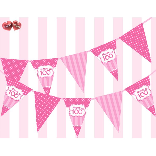 Party Decor Perfect Pink Happy 100th Birthday Ornament Sing on Polka Dot and Vintage Pink and Fuchsia Pattern Themed Bunting Banner 12 flags 5Ft for guaranteed simply stylish Girl party decoration