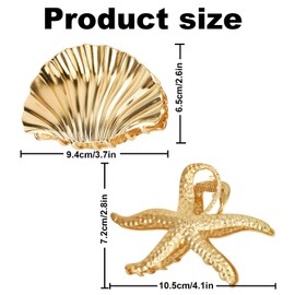 2 Pcs Sea Shell and Starfish Hair Claw Clips for Women and Girls, Large Seashells Claw Clips Fashion Beach Headdress Accessories for Most Hairstyles Thick Long Straight Curly Hair (Gold)