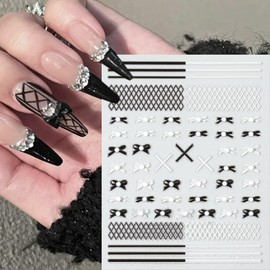 Bow Knot Nail Art Stickers 1pcs Black White Ribbon Bow Designs Self Adhesive Decals Retro Embossed Nail Art Design Decals Cute Nail Sticker Grid Line Bow Nail Decals for Nail Art DIY