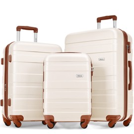 Merax 3 Luggage Sets, Durable Lightweight Hardshell Spinner Wheels with Combination Lock, Ivory Horizontal Stripe, 20/24/28 Inch