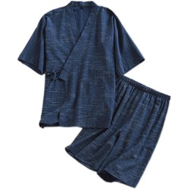 Netakara Men's Yukata, 100% Cotton Pajamas, Double Gauze, Men's Jinbei, Top and Bottom Set, Double Layer, Gauze, 3/4 Sleeve, Front Opening, Jinbei Set, Breathable, Sweat Absorbent, Work Clothes,