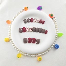 Glue on Nails Square Press on Nails Short Spring Fake Nails with Flowers Glitter Design Nails Press ons Red Brown Full Cover Acrylic Nails Glossy False Nails Artificial Stick on Nails for Women 24Pcs