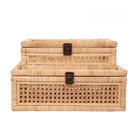 UoeRing Rattan Decorative Box With Lid, Glass Display, Rectangular, Set of 2 Woven Decorative Boxes,Large Wicker for Decor