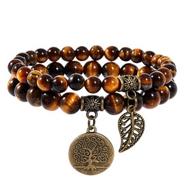 Natural Tigers eye Semi Precious Gemstone Beads Bracelet for Women - Tree of Life and Leaf Charm Chakra Energy Healing Anxiety Stretch Bracelets Triple protection