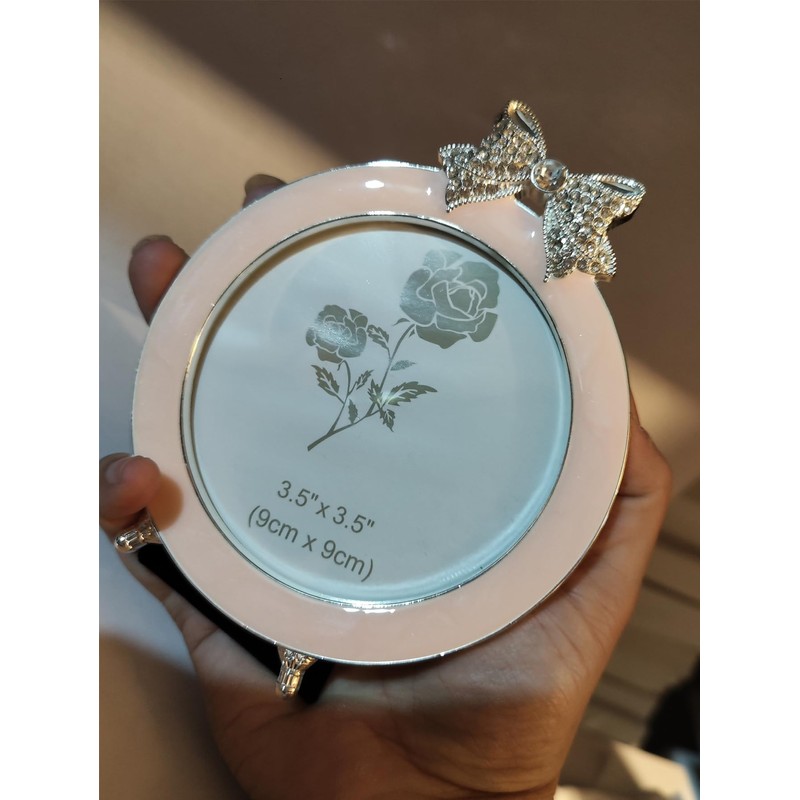 IELEPHONIX 3.5 * 3.5inch Pink Enamel Mini Round Picture Frame,Bow