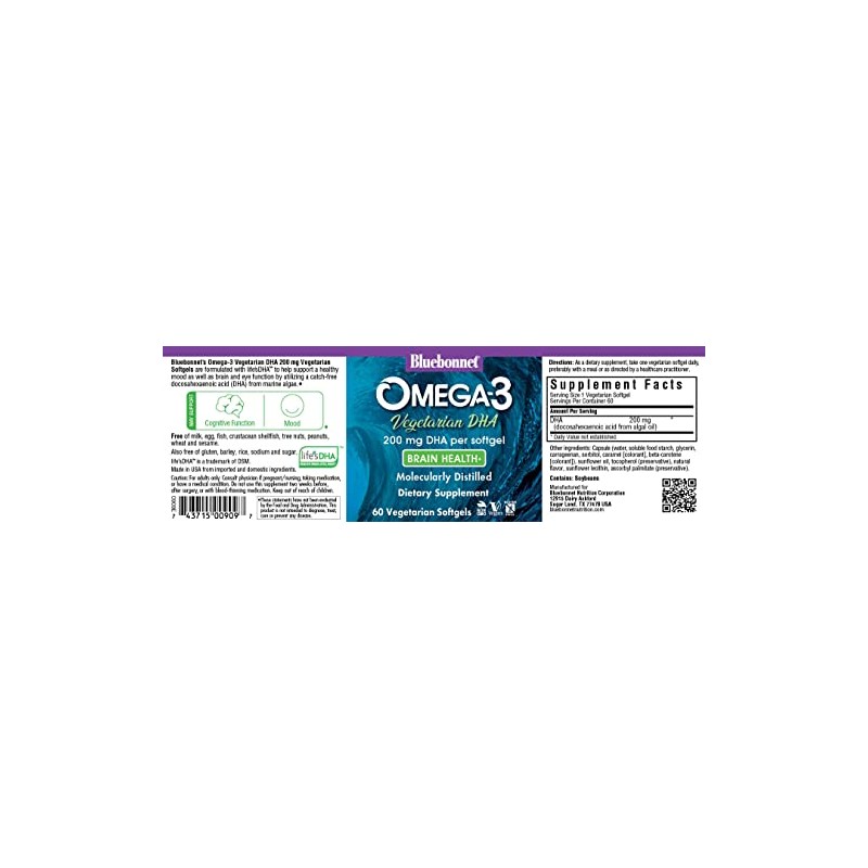 BlueBonnet Natural Omega-3 Vegetarian DHA Vegetarian Softgels, 200 mg, 60