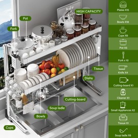 CUISIBOT Over The Sink Dish Drainer Drying Rack 3 Tier, Full Stainless Steel Dish Drying Rack Adjustable Length 20.9''-37.4'', Kitchen Sink Shelf, Organized Space-Saving Dish Rack