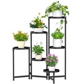 MOKANI Metal Plant Stand Indoor Outdoor for Multiple Plants, 6 Tiered Folding Corner Shelf Tall Flower Pot Holder Display Rack for Patio Living Room Balcony Garden, Black