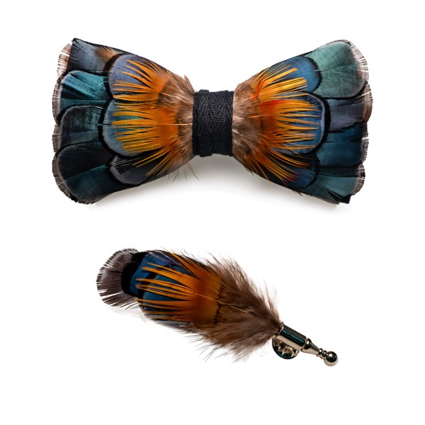 JEMYGINS Blue Feather Bow Tie Leather Bow tie and Brooch